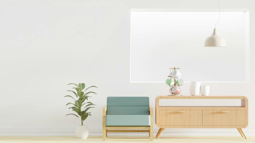 white room with a sideboard, a lamp and potted plant