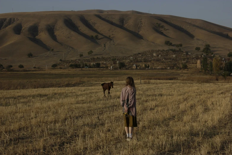 a person walking in the middle of an open field