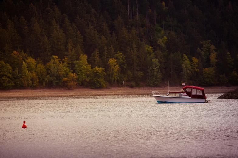 a boat is on a calm lake in the woods