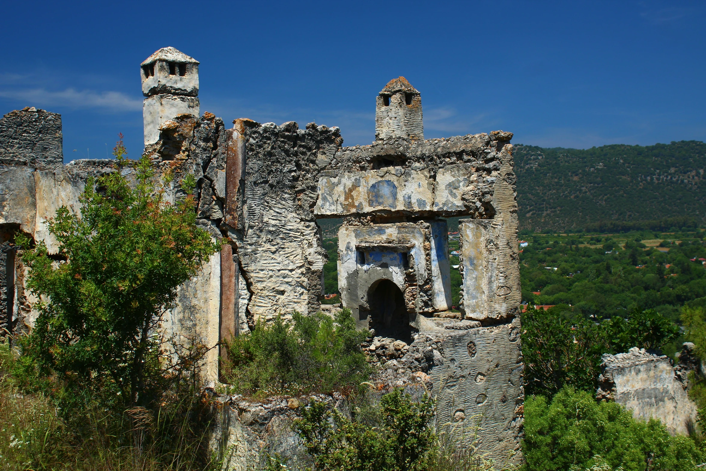 ruins with two towers sitting in the middle of the forest