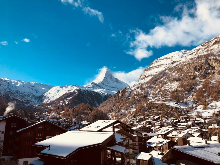 snow covered village with mountains in the background