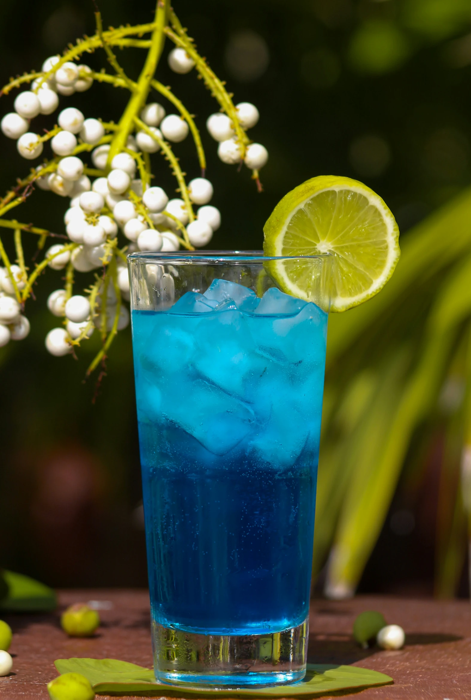 the beverage features blue liquid and is next to a nch with white berries