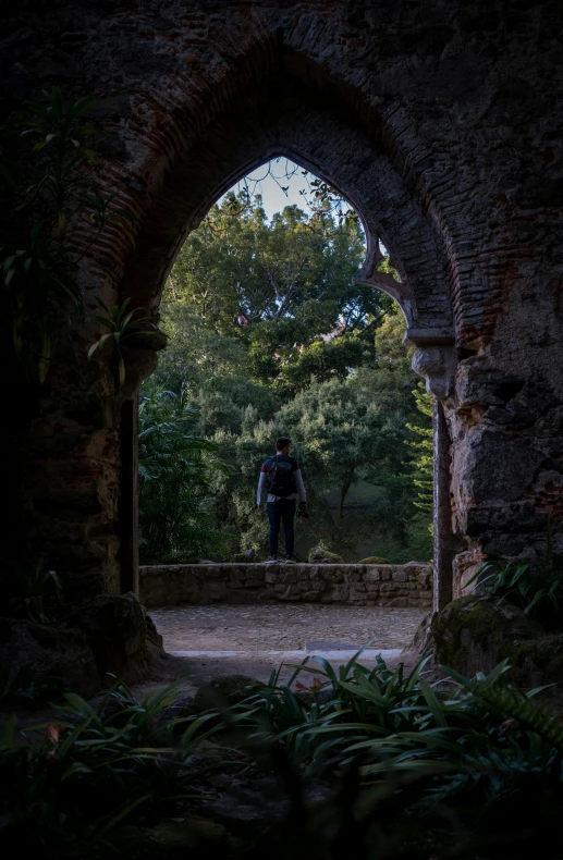 the archway that leads to the park across from the forest