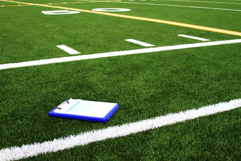 a blue binder laying on a green field