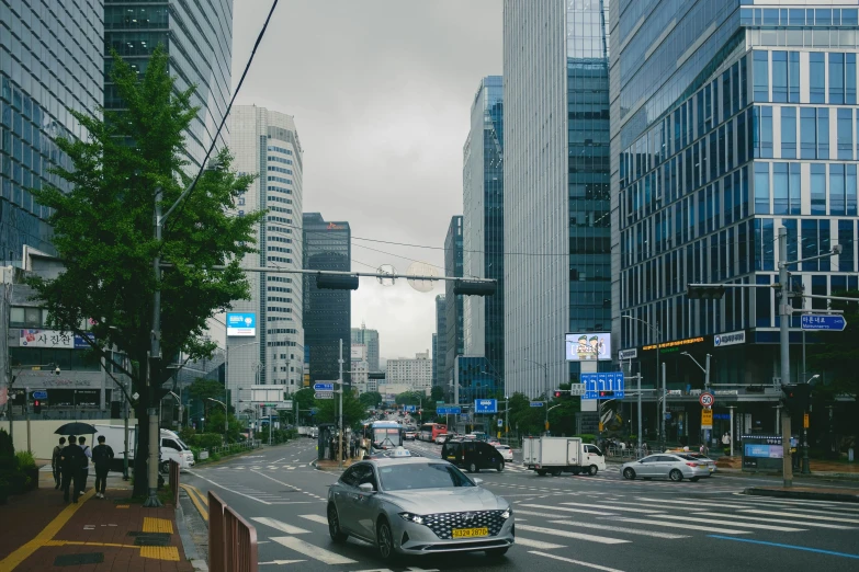 cars and pedestrians on an urban city street