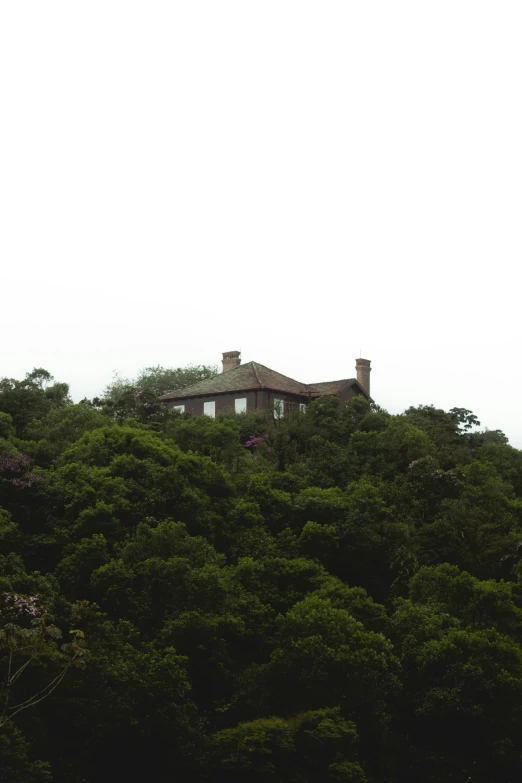 a brown house sitting atop a lush green hillside