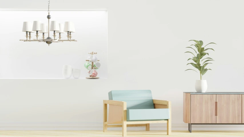 a blue chair is sitting by a wooden cabinet and potted plant