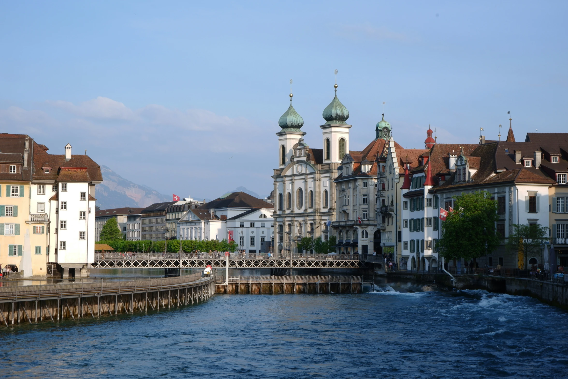 several buildings along a body of water