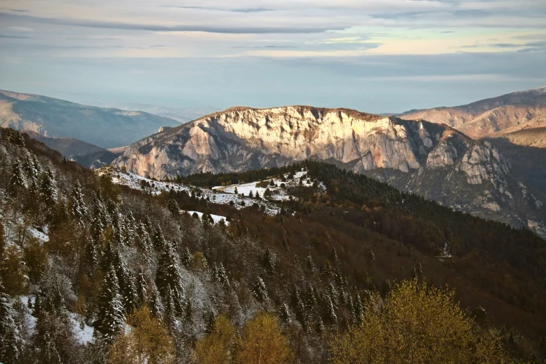 a mountains range with trees and snow on the ground