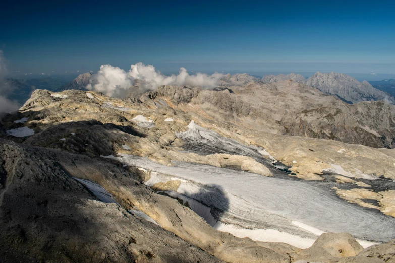 a landscape image of the mountains, rocks, and snow