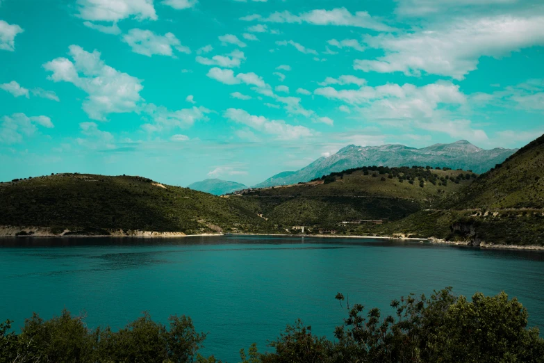 some green trees and some water under a blue sky