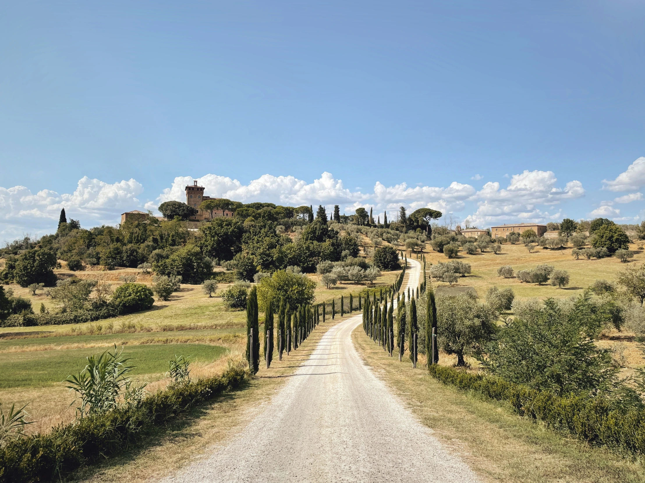 a dirt road leading to a hill and a valley