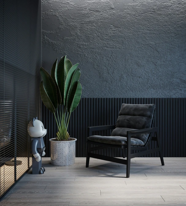 a brown chair and a white container holding a potted plant