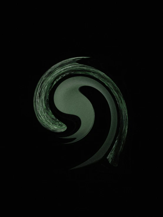 a black and green swirl logo in the dark