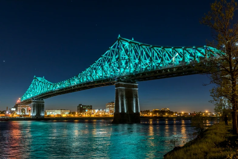 a long blue bridge crossing the width of the river