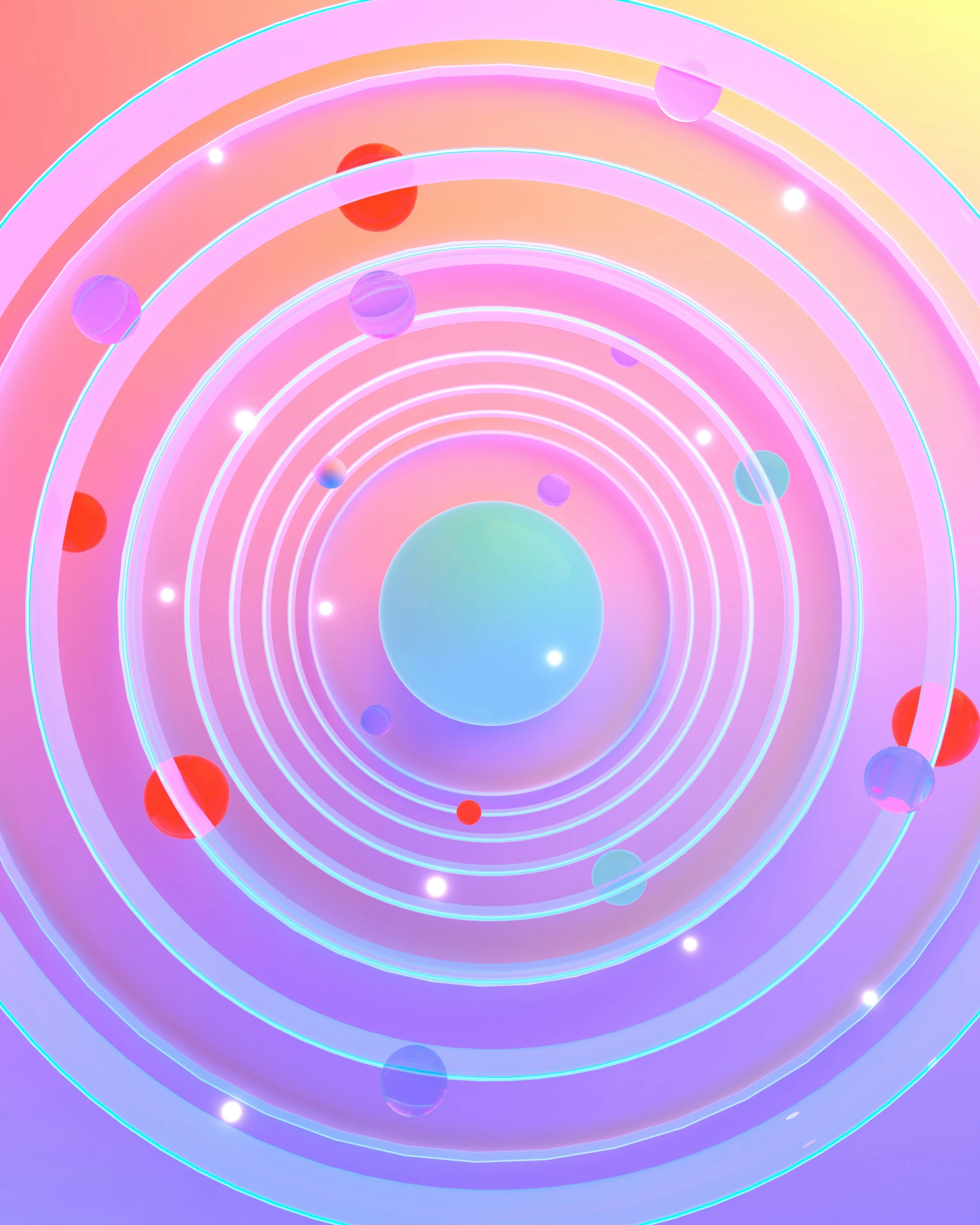 digital abstract scene of several circular objects on a multi colored background