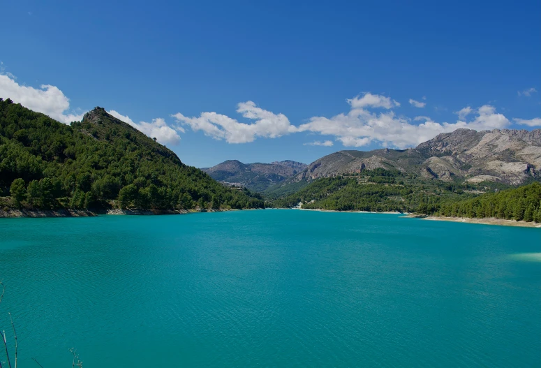 water surrounded by trees and mountains in the distance