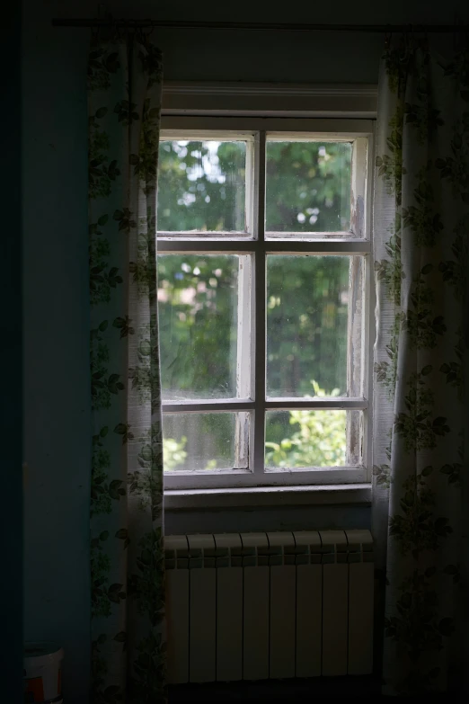 a window that has curtains and a radiator inside it