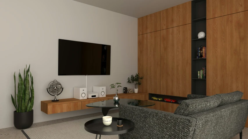 a living room area with modern furniture, large entertainment center and wooden paneling