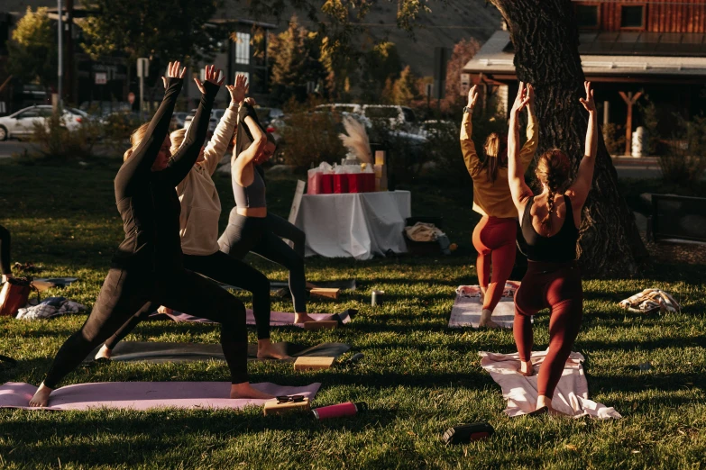 several women are doing yoga in a park