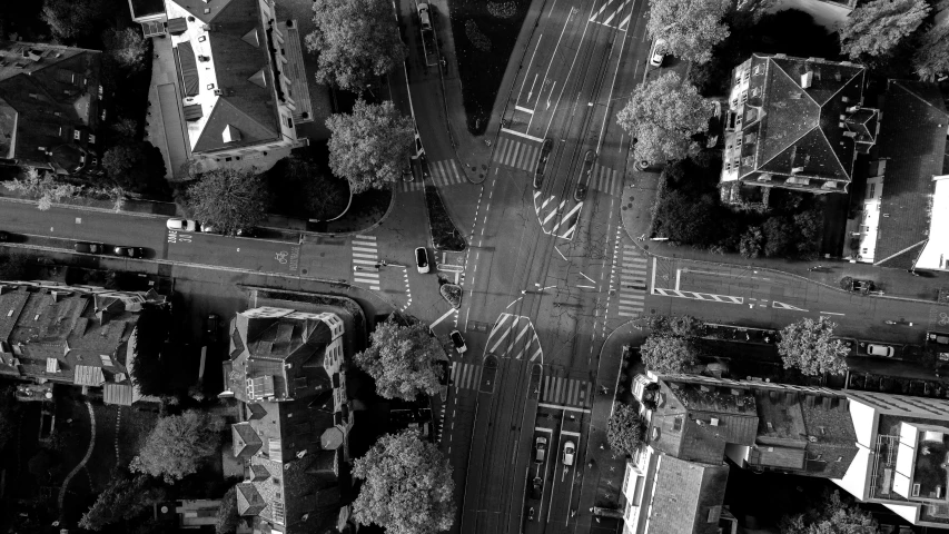 aerial view of traffic and road in black and white