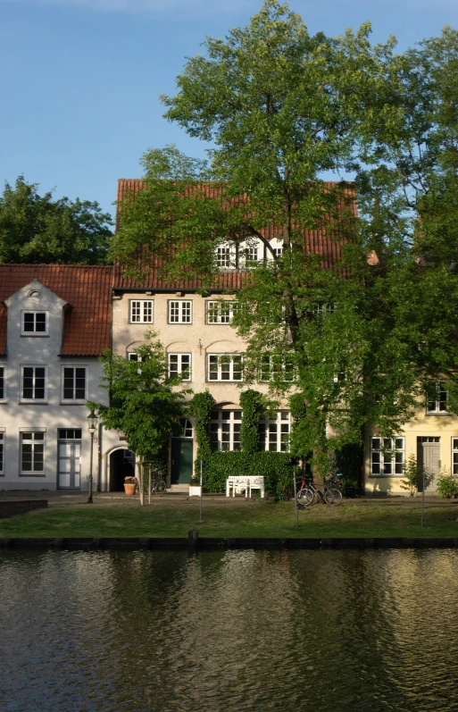 a group of houses next to a lake in front of trees