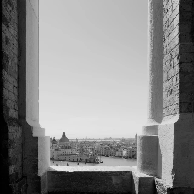 a black and white po looking out onto a large city