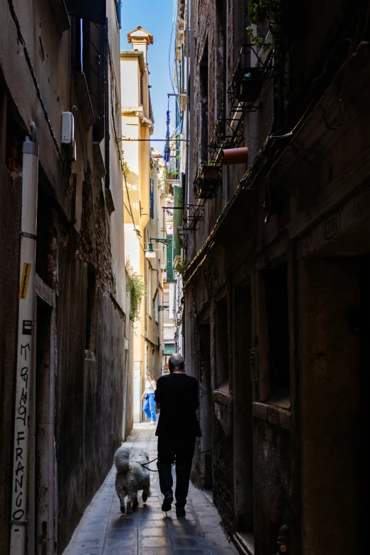 an older woman walking her dog down a alleyway