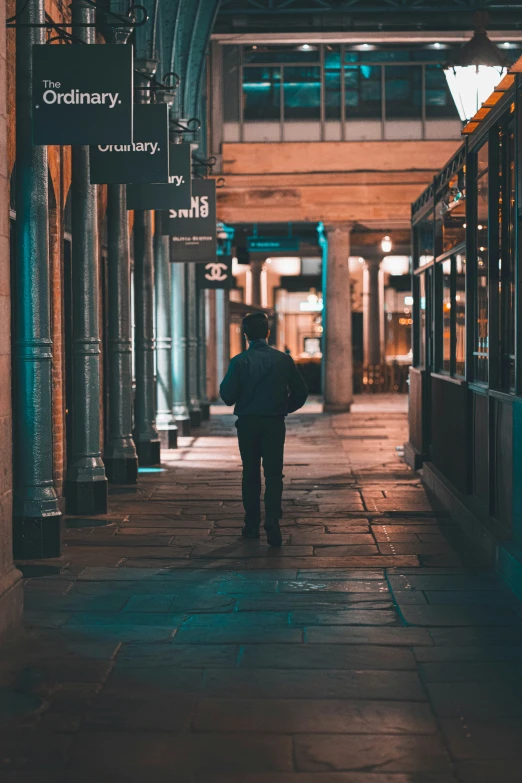 a person walking on a sidewalk under a bridge