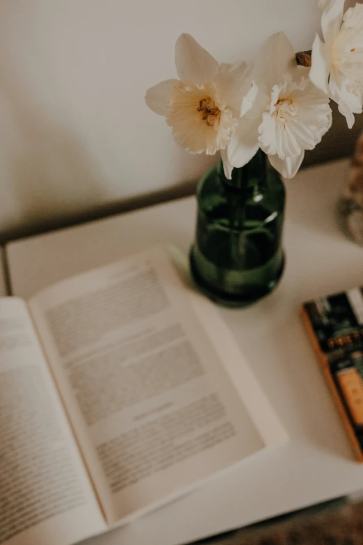 some flowers in a vase on top of an open book