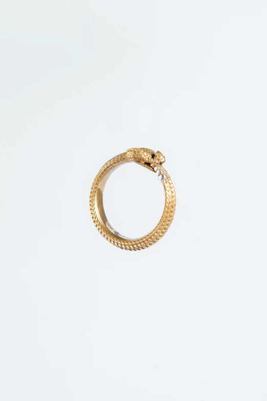 a gold snake ring sits on a white background
