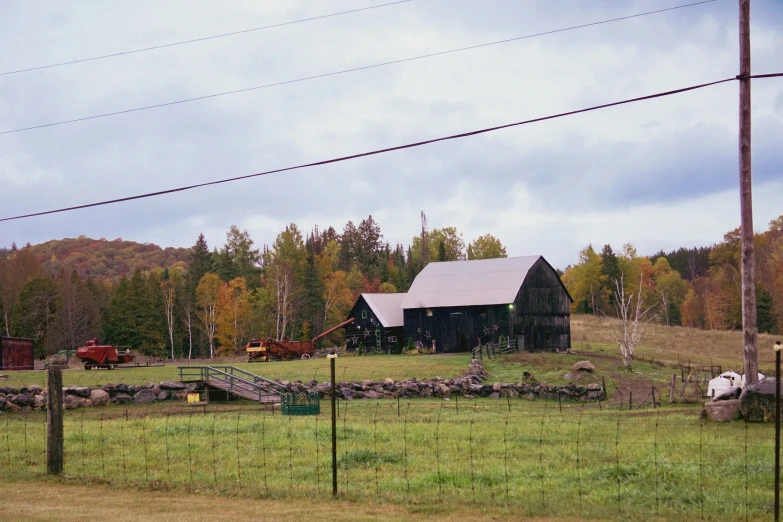 a horse and two farm buildings on a ranch