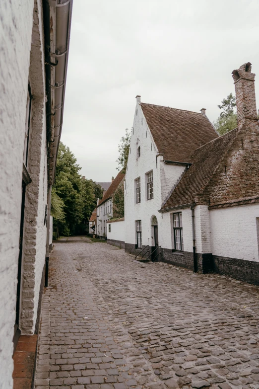 two white buildings sitting on the side of a cobblestone road