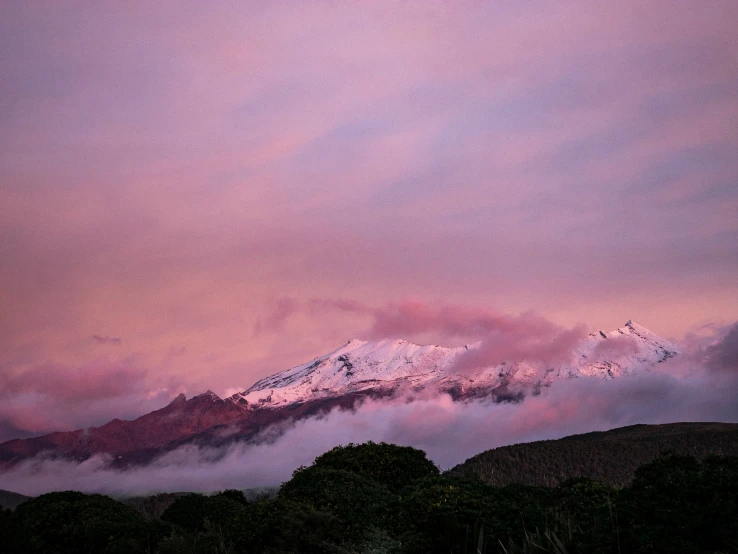 the snow - capped mountains, pink clouds and trees against a purple sky