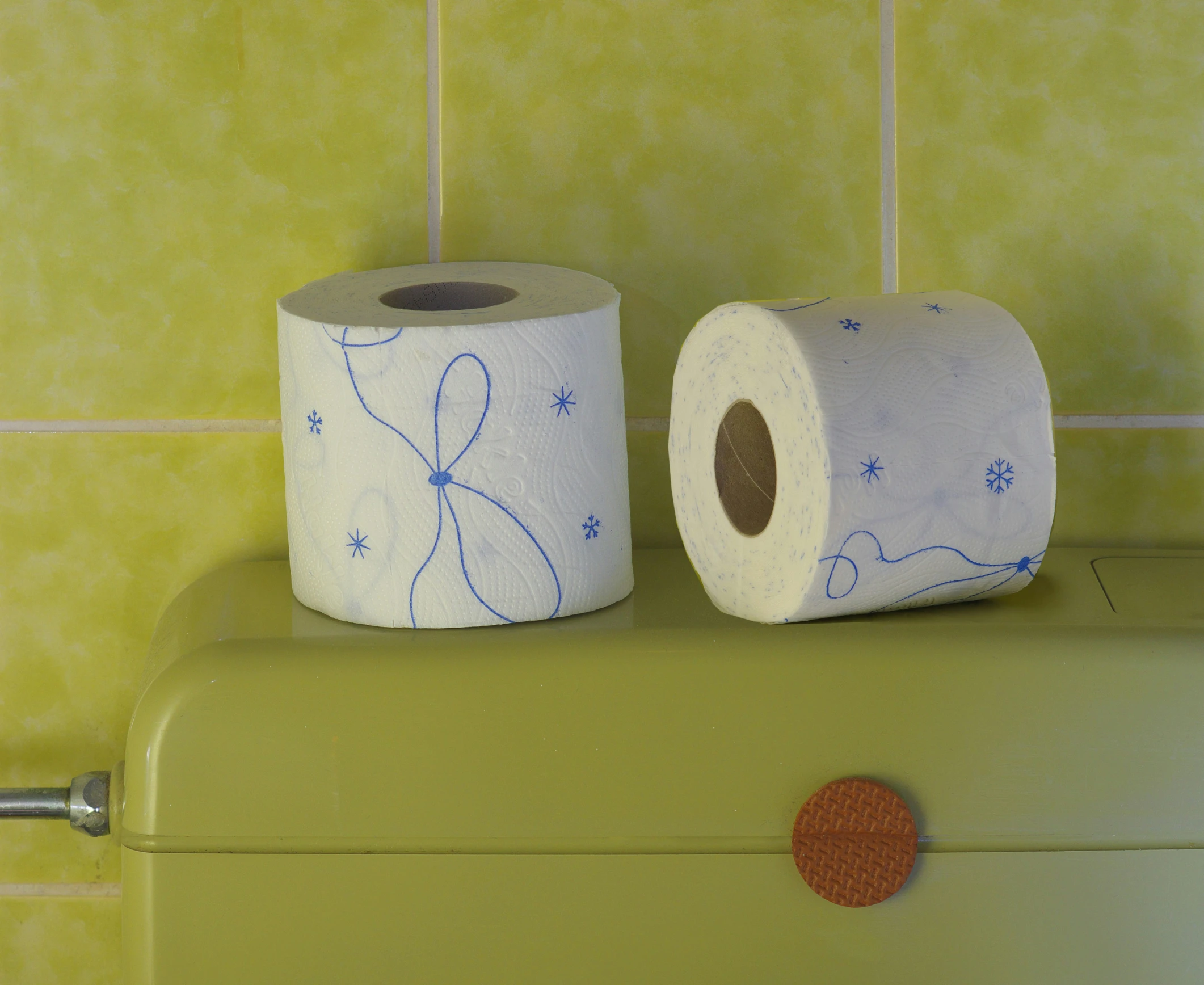 the two rolls of toilet paper are on top of a green cabinet