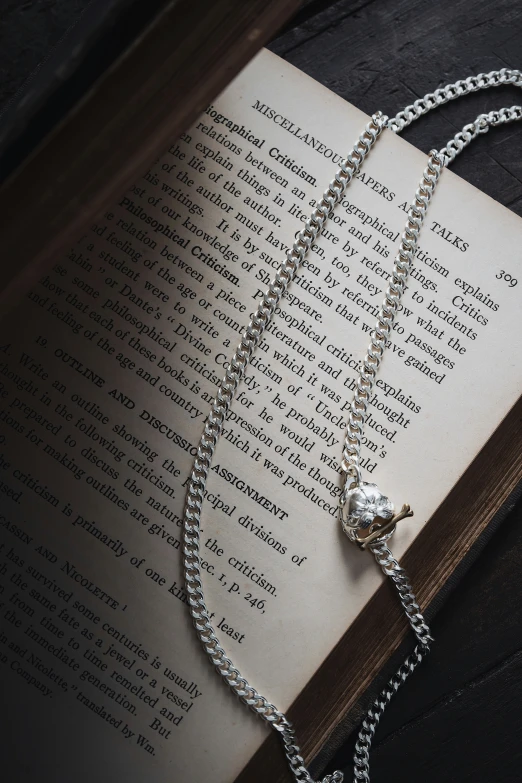 a silver book with a necklace sitting on top of it