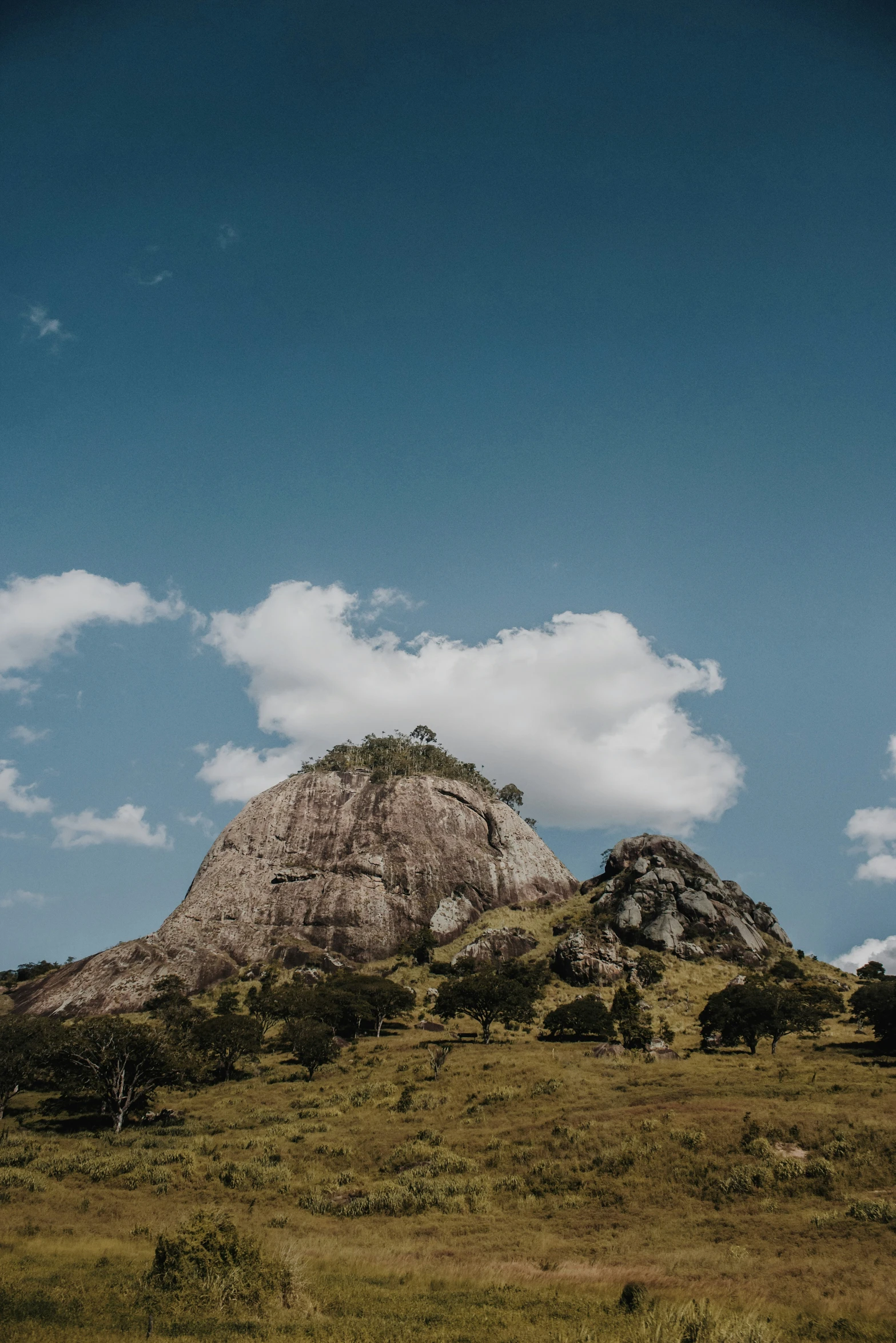 large mountain top, in a grassy field under a blue sky