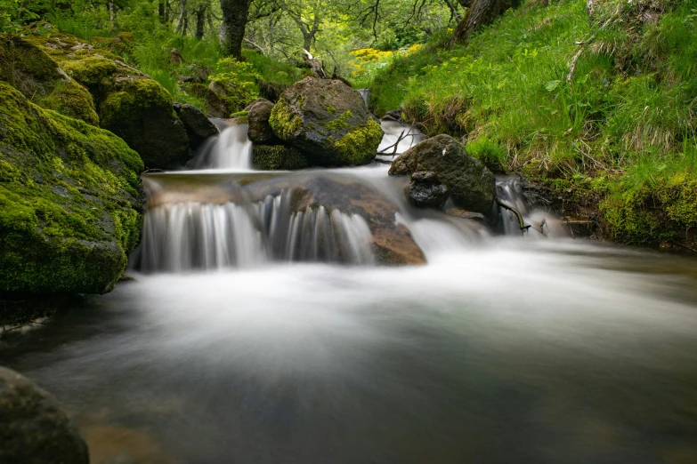 the water fall runs down the rocks and down the trail