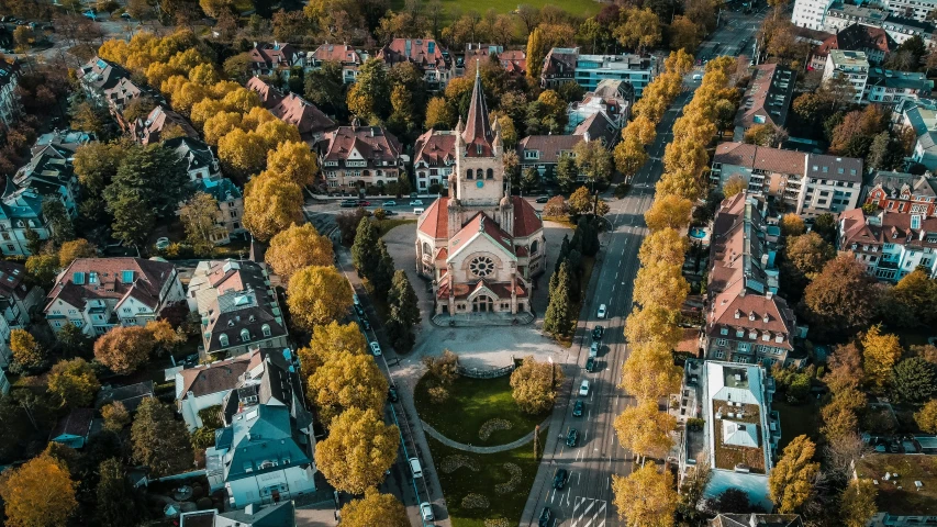 an aerial view shows the surrounding buildings in the city