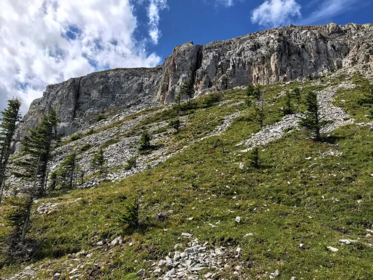 an area with very high and steep rocky mountains, grass, and dirt