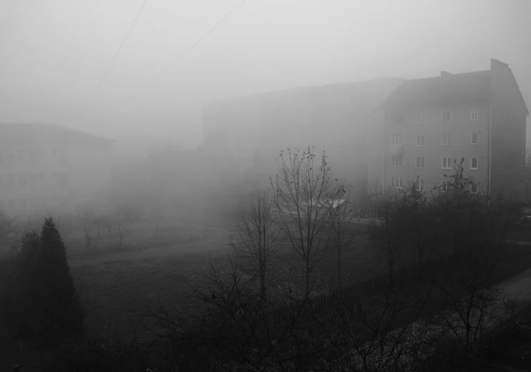 foggy po of a house surrounded by trees and grass