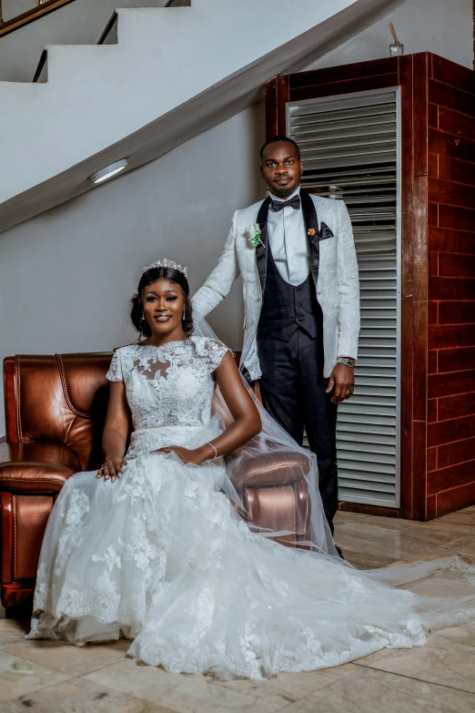 a man and woman are posing for a wedding po