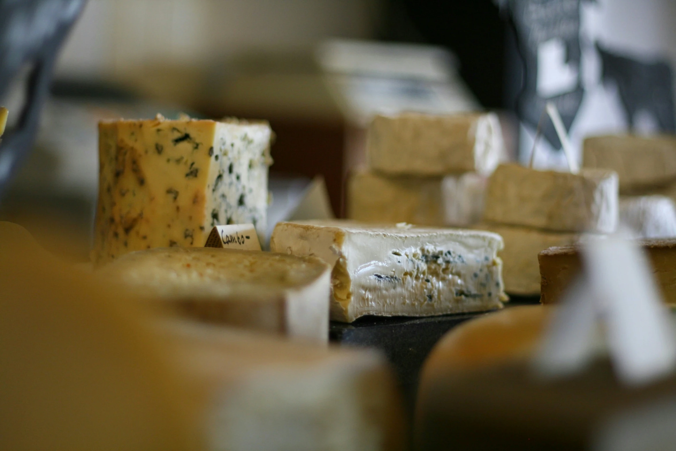 several different types of cheese are arranged on display