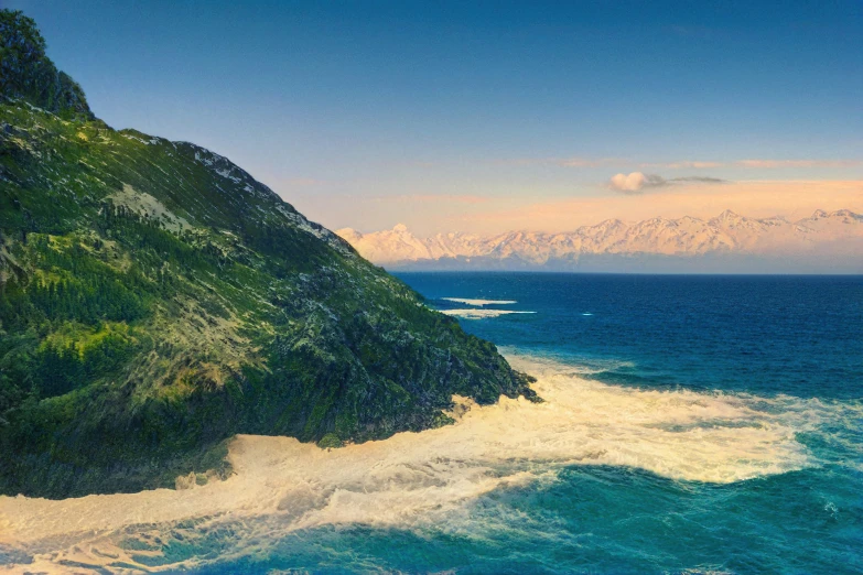 an aerial view of the ocean with a mountain in the background