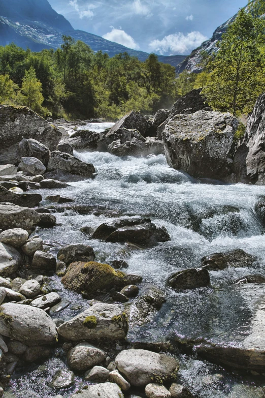 a river is surrounded by rocks and greenery