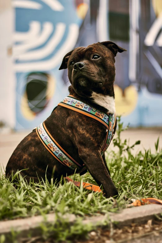 a small dog with a collar sitting in the grass