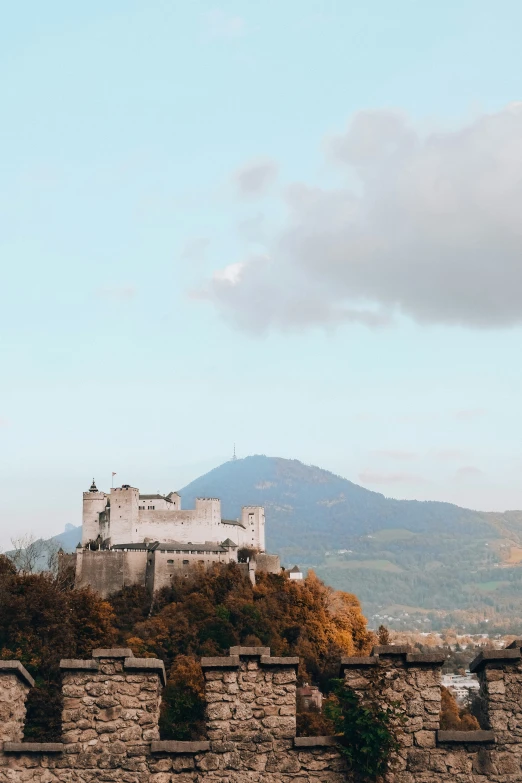 castle in the background of a beautiful blue sky with clouds