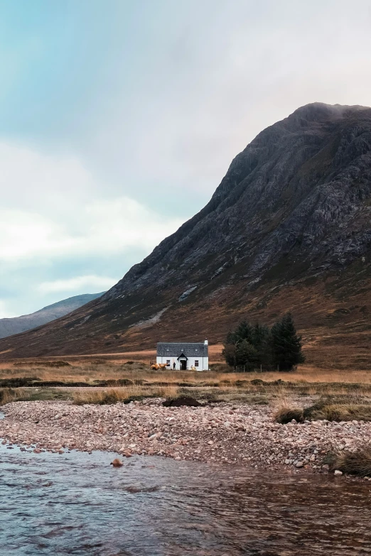 a small house is in the middle of a lake