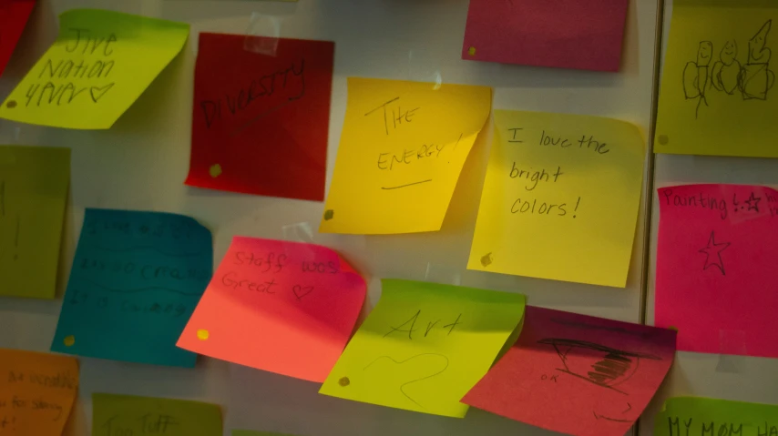 a display of sticky notes on a wall