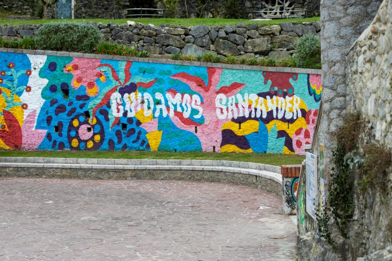 the park is decorated with colorful paintings and flowers